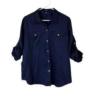 Chaps blue button down blouse pockets roll tab sleeves XL